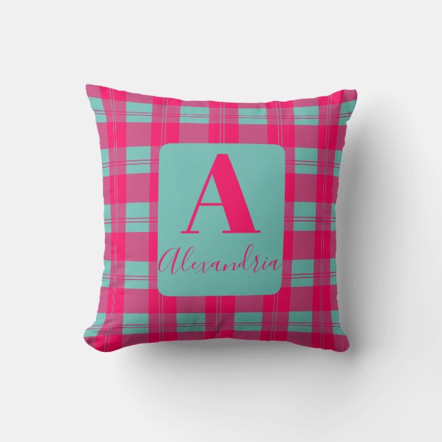 Monogram Modern geruite Hot Pink Mint Sierkussen (Voorkant)