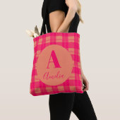 Monogram Modern geruite Hot Pink Sinaasappel Tote Bag (Dichtbij)