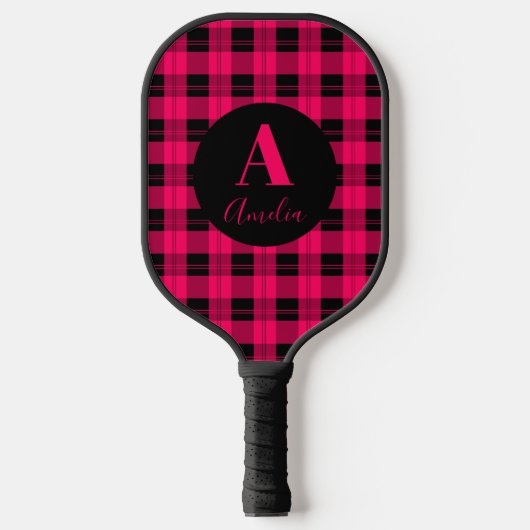 Monogram Modern geruite Hot Pink Zwart Pickleball Paddle (Voorkant)