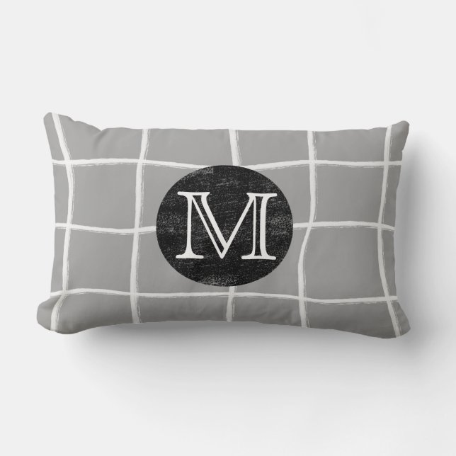 monogram modern geverfd rasterpatroon ontwerp grij kussen (Voorkant)