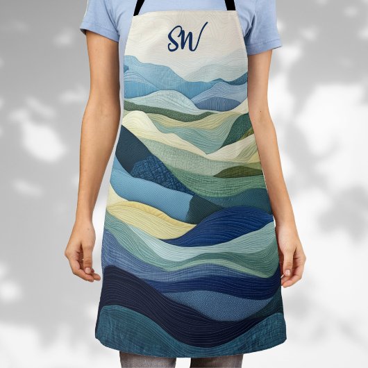Monogram modern gewatteerd landschap blauw schort
