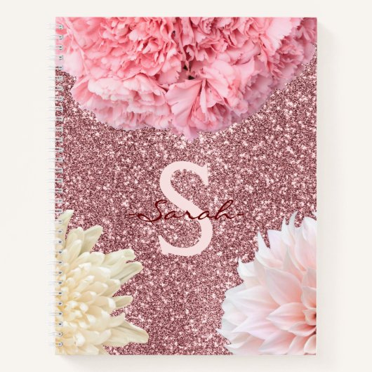 Monogram modern glitter met roze en witte floraal notitieboek (Voorkant)