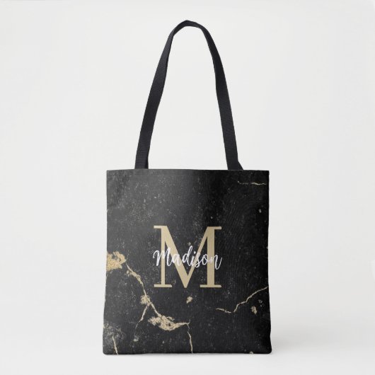 Monogram Modern Gold Black Marmer Tote Bag (Voorkant)