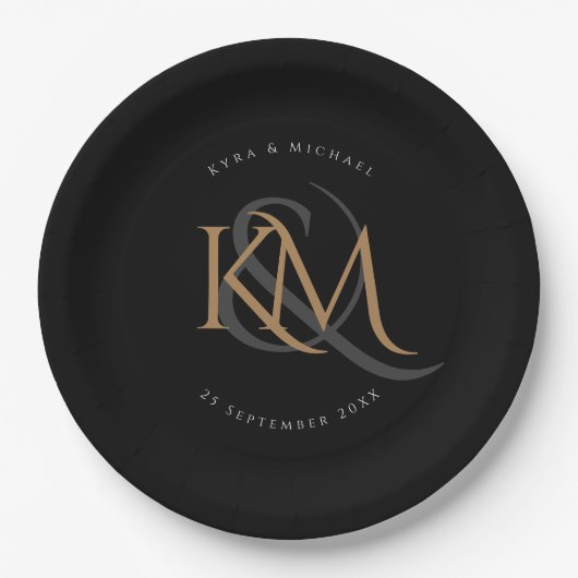 Monogram Modern Gold Script Black Elegant Wedding Papieren Bordje (Voorkant)