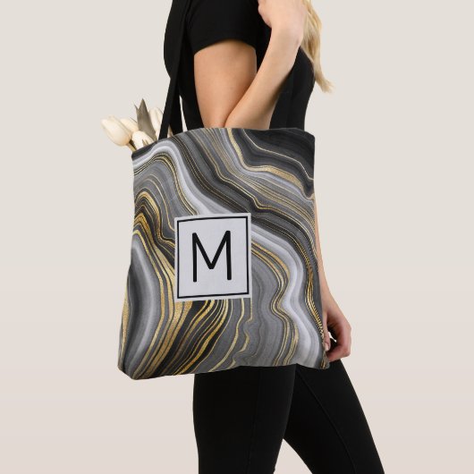 Monogram modern goud en grijs geanide geode tote bag (Dichtbij)