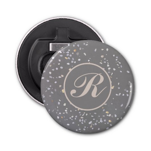 Monogram Modern Grijs Terrazzo Button Flesopener (Voorkant)