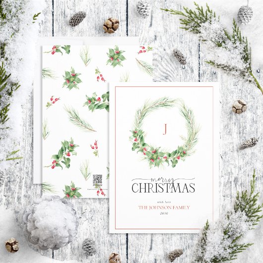 Monogram Modern Holly Berry Wreath Merry Kerstmis Feestdagenkaart