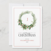 Monogram Modern Holly Berry Wreath Merry Kerstmis Feestdagenkaart (Voorkant)