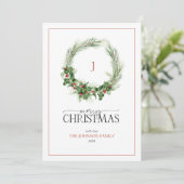 Monogram Modern Holly Berry Wreath Merry Kerstmis Feestdagenkaart (Staand voorkant)