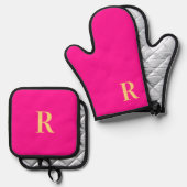 Monogram Modern Hot Pink Ovenwant & Pannenlap Set (Voorkant / Achterkant)