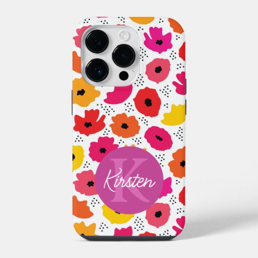 Monogram Modern Klaproos Bloemmotief Script Naam iPhone Hoesje (Achterkant)