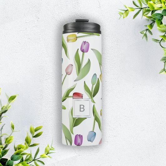 Monogram Modern Kleurrijk Tulpen Bloempatroon Thermosbeker