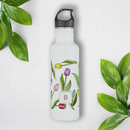 Monogram Modern Kleurrijk Tulpenpatroon Waterfles
