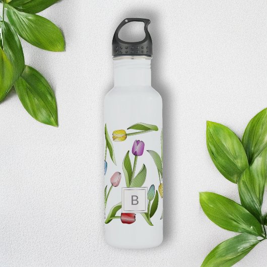 Monogram Modern Kleurrijk Tulpenpatroon Waterfles