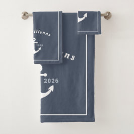 Monogram Modern Kustanker Denim Blauwe Witte Bad Handdoek