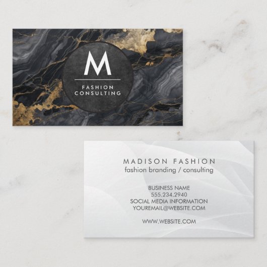 Monogram Modern Leiste | Zwart Marmer Visitekaartje (Voorkant / Achterkant)