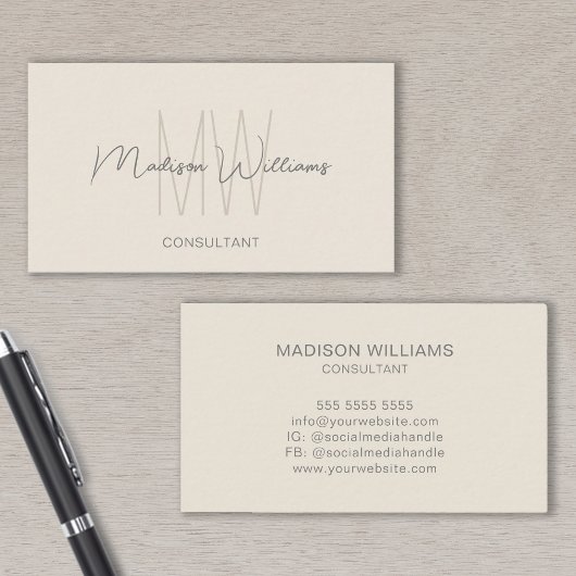 Monogram Modern Logo Naam Crème Tan Consultant Visitekaartje