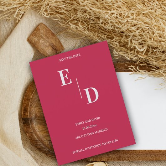 Monogram Modern Magenta Huwelijk Opslag De Datum Aankondigingskaart