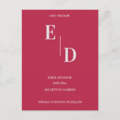 Monogram Modern Magenta Trouwdatum Opslaan Aankondigingskaart (Voorkant)