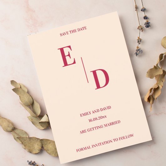 Monogram Modern Magenta Trouwdatum Opslaan Aankondigingskaart