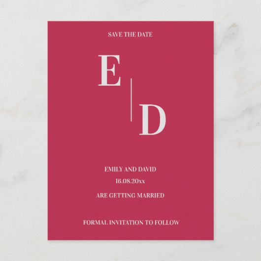 Monogram Modern Magenta Trouwdatum Save The Date Aankondigingskaart (Voorkant)