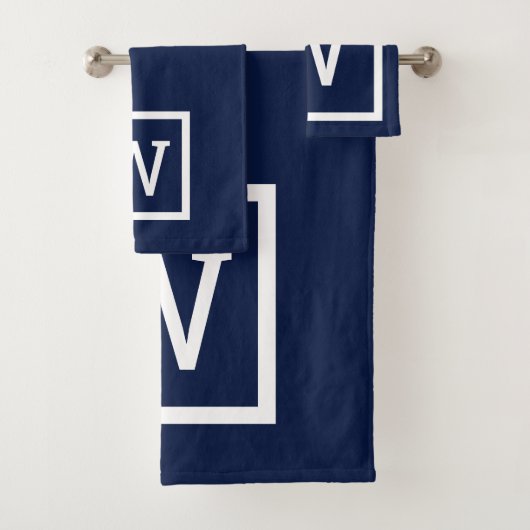 Monogram modern marinevierkant blauw vierkant bad handdoek (Insitu)