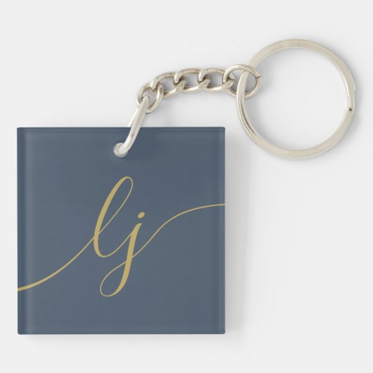 Monogram Modern Minimaal Elegant Navy Gold Script Sleutelhanger (Achterkant)
