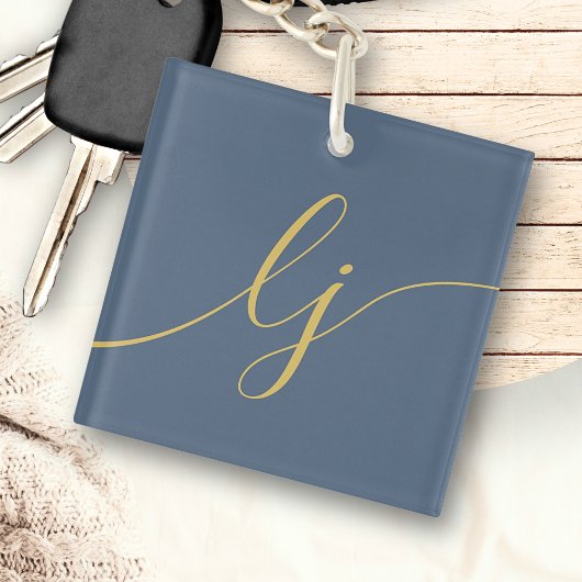Monogram Modern Minimaal Elegant Navy Gold Script Sleutelhanger