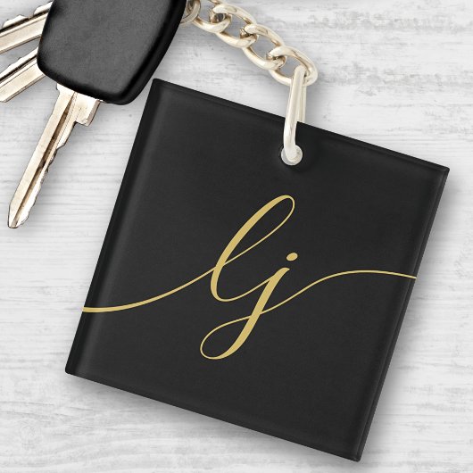 Monogram Modern Minimaal Elegant Zwart Goud Script Sleutelhanger