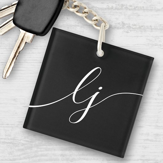 Monogram Modern Minimaal Elegant Zwart Wit Script Sleutelhanger