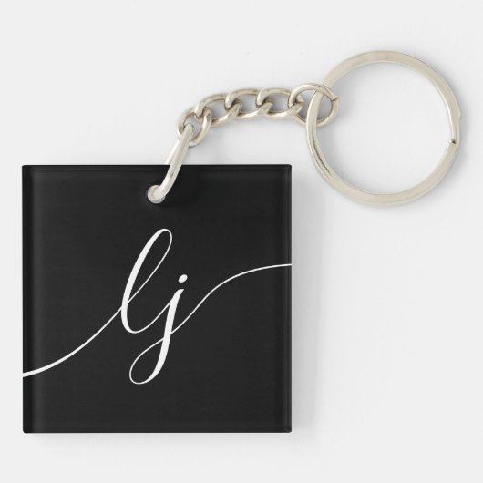 Monogram Modern Minimaal Elegant Zwart Wit Script Sleutelhanger (Achterkant)