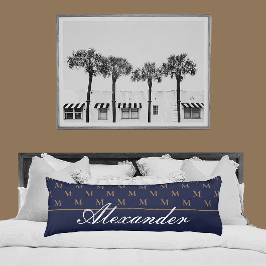 Monogram Modern Navy Blue White Gold Elegant Lichaamskussen