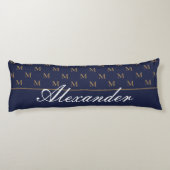 Monogram Modern Navy Blue White Gold Elegant Lichaamskussen (Achterkant)