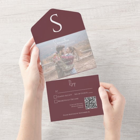 Monogram Modern Photo Burgundy Wine QR Code All In One Uitnodiging (Afscheurbaar)