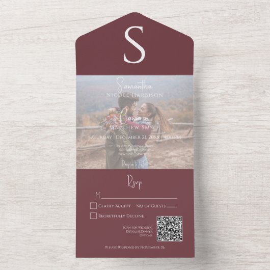 Monogram Modern Photo Burgundy Wine QR Code All In One Uitnodiging (Binnen)