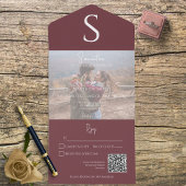 Monogram Modern Photo Burgundy Wine QR Code All In One Uitnodiging