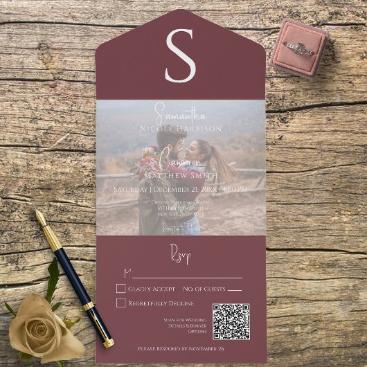 Monogram Modern Photo Burgundy Wine QR Code All In One Uitnodiging
