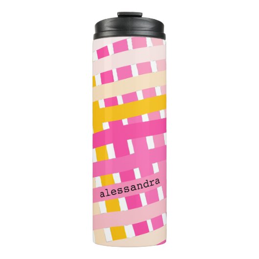 Monogram Modern Pink Yellow Check Plaid Girly Thermosbeker (Voorkant)