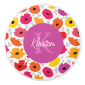 Monogram Modern Poppy Floral Patroon Script Naam Keramische Knop (Voorkant)