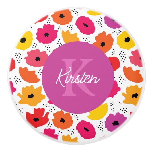 Monogram Modern Poppy Floral Patroon Script Naam Keramische Knop (Voorkant)