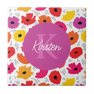 Monogram Modern Poppy Floral Patroon Script Naam Tegeltje