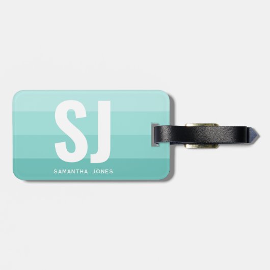 Monogram Modern Rainbow Blauwgroen Blauwe Strepen  Bagagelabel (Achterkant horizontaal)