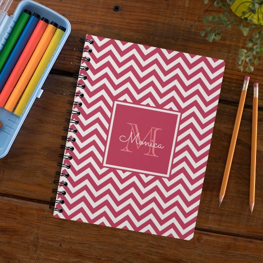 Monogram modern Rood Magenta Chevron Pattern Notitieboek