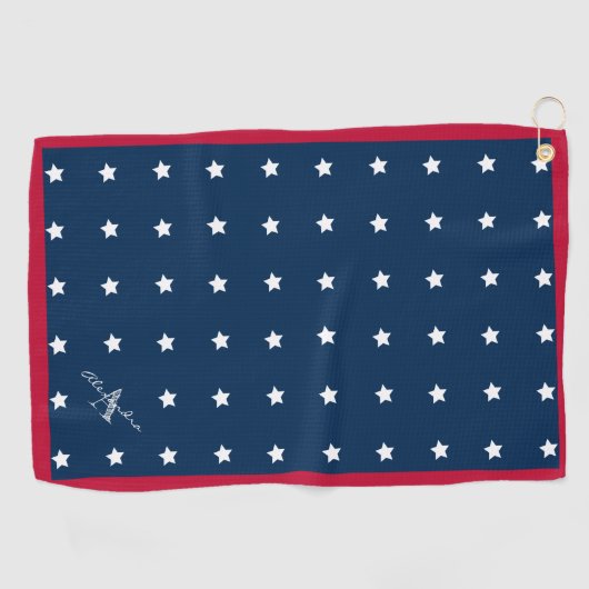 Monogram modern rood-witte marineblauw-staarten golfhanddoek (Horizontaal)