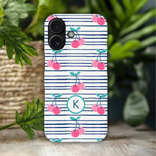 Monogram Modern Roze Kersen Preppy Meisjesachtig iPhone 16 Hoesje
