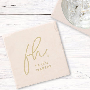 Monogram Modern Script Elegant Blush Pink Gold Stenen Onderzetter