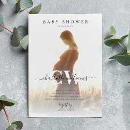 Monogram Modern Script Photo Baby shower Kaart