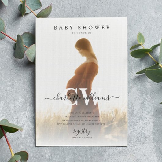 Monogram Modern Script Photo Baby shower Kaart