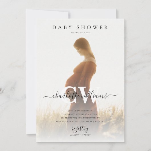 Monogram Modern Script Photo Baby shower Kaart (Voorkant)