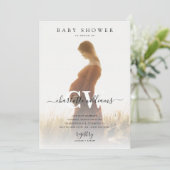 Monogram Modern Script Photo Baby shower Kaart (Staand voorkant)